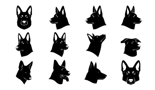 German Shepherd dog head portrait silhouette vector set with different facial views and poses