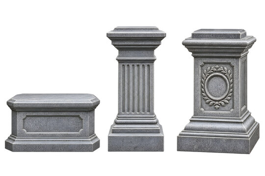Classical Stone Architectural Pedestals and Columns Set, Decorative Pillars Isolated on Transparent Background