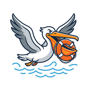Cartoon pelican flying with a lifebuoy ring, vector mascot illustration for water safety.