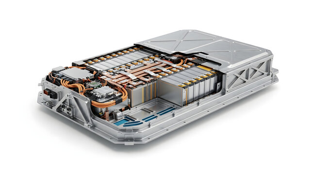3D cutaway visualization of an electric vehicle battery pack with lithium ion cells, cooling channels, copper busbars and thermal management