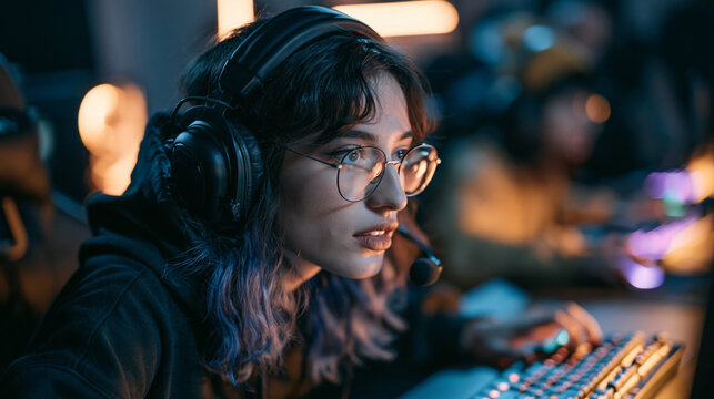 Focused gamer woman with headset and glasses streaming competitive gaming session at illuminated PC setup