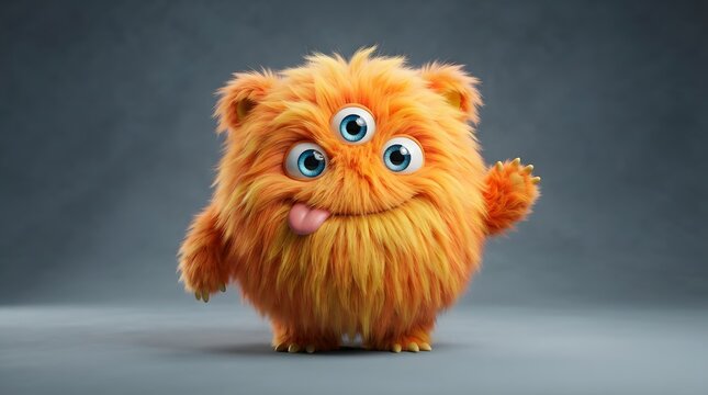 Cute three-eyed orange furry monster waving on gray background