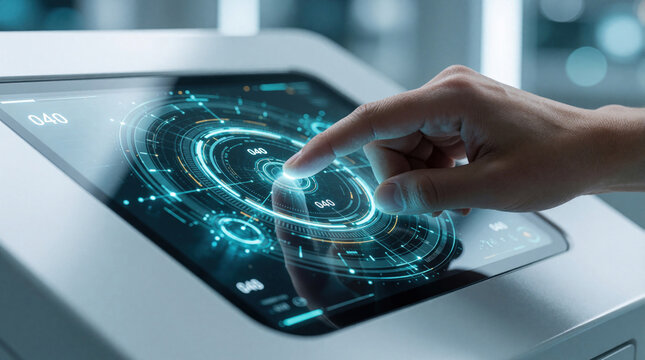 Person interacts with futuristic glowing screen interface. Hand touches digital display with complex data visuals. Modern tech panel controls settings with precision. User operates smart device UI.