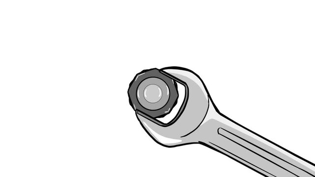 2D animation of a metal spanner tightening a hex bolt and nut