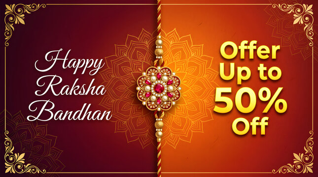 Raksha Bandhan sale banner with decorative rakhi and fifty percent discount offer for festive marketing campaign
