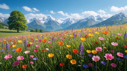 Obraz premium Colorful wild meadow overflows with blossoms set against snow-capped mountains under blue sky. Rich green tree stands nearby, enhancing serene landscape. Sunny day provides bright natural lighting.