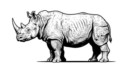 Fototapeta premium Rhinoceros detailed black and white line drawing depicting the wild animal in profile on a white background.