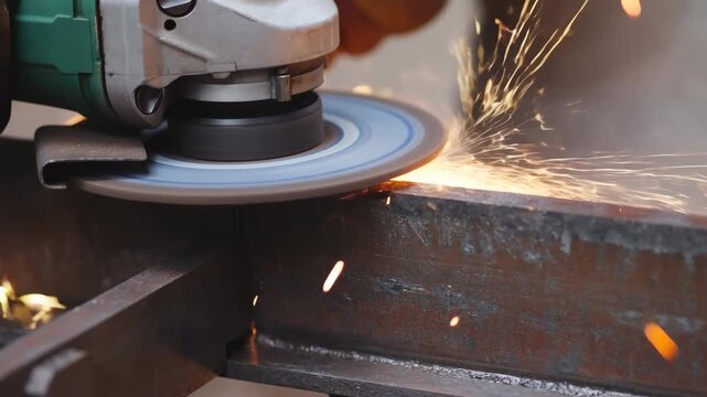 Close-up angle grinder cutting rusted steel beam with bright orange sparks, protective guard, workshop dust, strong motion blur, industrial metalwork and fabrication scene