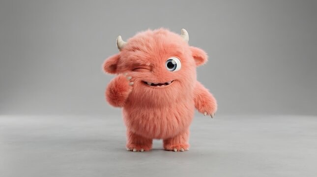 Adorable pink furry monster with horns winking on grey background