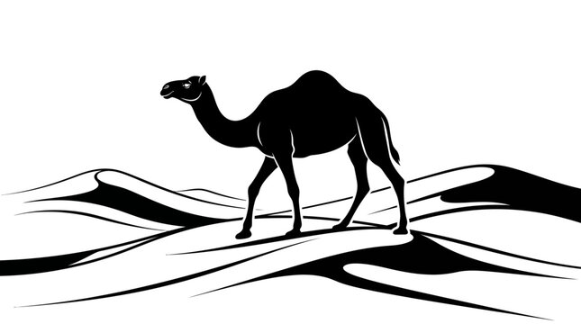 Dromedary camel travels through rolling desert dunes in a striking monochrome vector illustration.