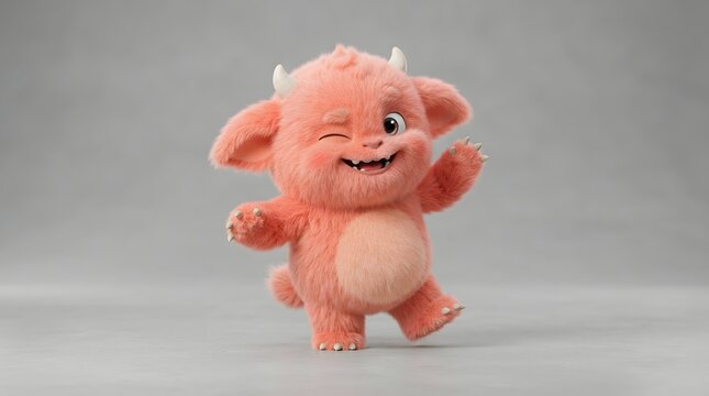 Cute fluffy pink monster winking on gray background