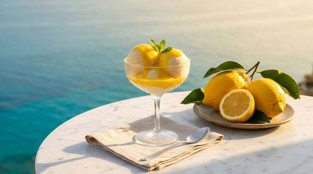 Limoncello Cream Affogato or Crema di Limoncello on vanilla ice cream with yellow lemons on a white marble table at cliffside spot in Capri Island, Italy.