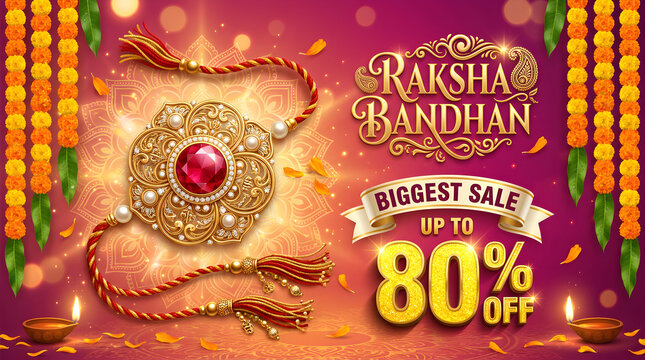 Raksha bandhan biggest sale promotion banner with golden jeweled rakhi and marigold flower garlands on pink background.