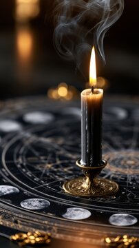 A burning black candle emitting smoke placed in an ornate holder on a mystical circular chart depicting moon phases and celestial symbols with dark ambiance