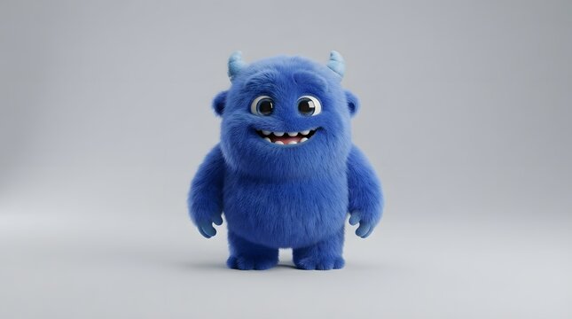 Cute blue furry monster with horns on a gray background