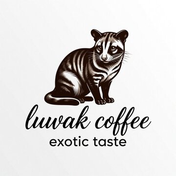 Vintage style Luwak coffee logo with hand drawn civet mascot. Illustration features exotic animal silhouette, elegant calligraphy lettering. Black ink engraving design for premium cafe brand, coffee
