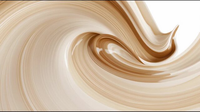Paint mixes in soft ribbons of cream and caramel colors. This happens indoors under bright lights during daytime.