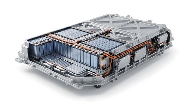 3D illustration of an electric vehicle battery pack with lithium ion cells, copper busbars, cooling components and protective structural enclosure
