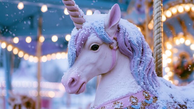 The Unicorn Carousel Statue Shrouded in Snow Under Dreamlike Winter Lights