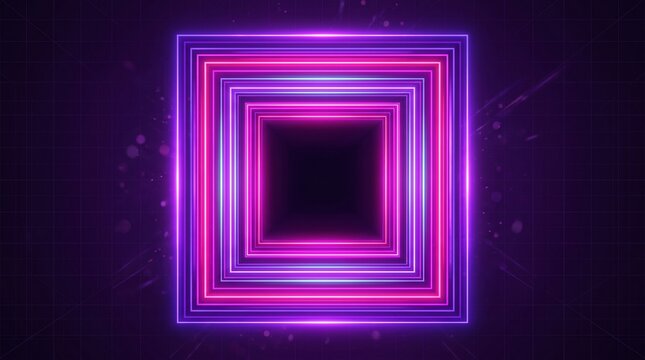 Abstract neon square portal with concentric purple and pink glowing lines forming a futuristic digital tunnel on a dark grid background with floating particles and lens flare.
