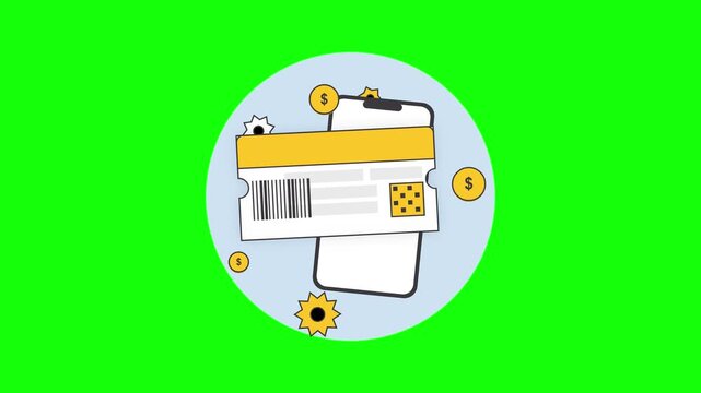 Smartphone processing digital ticket and coins animation