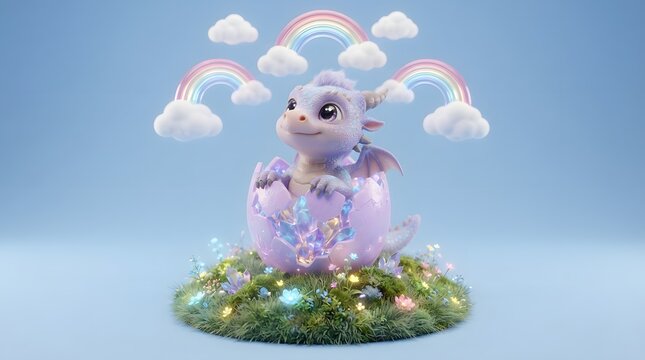 Cute baby dragon hatching from egg with rainbows and clouds
