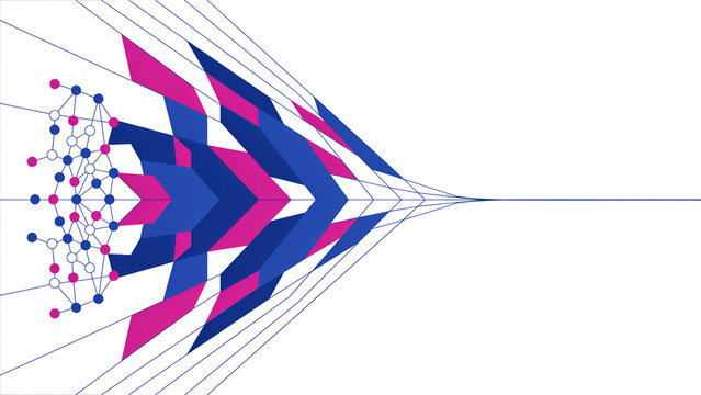 Abstract neural network architecture with geometric nodes and data streams in cobalt and magenta