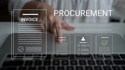 Obraz premium A person engaged in a procurement process using a laptop, highlighting important documents such as invoices and quotations in a modern office setting. Cyphers