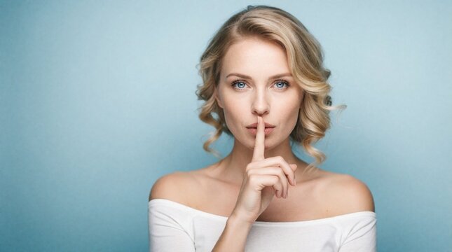 Woman with finger on lips asks for silence. Blond lady makes shushing gesture, keeping a secret. Mysterious expression on face, looking at camera on light blue backdrop.