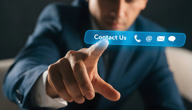 Professional businessman touching a blue contact us button with communication icons