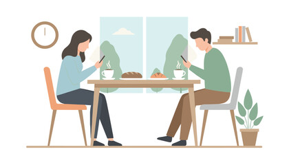 Fototapeta premium Man and woman sitting at a dining table looking at their phones during a meal in a minimalist modern kitchen setting.