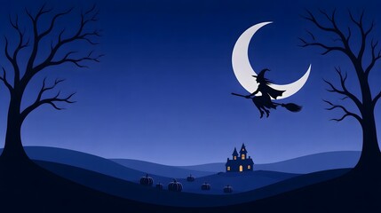 Fototapeta premium Spooky Halloween Night Scene With Witch Flying Over Haunted Landscape Under Crescent Moon