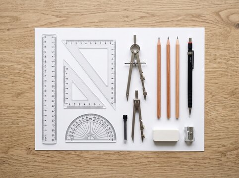 Professional drafting tools on white paper arranged in a white paper 