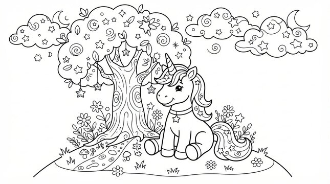 Cute unicorn sitting under a magical tree for kids coloring page