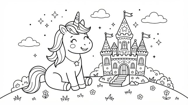 Cute unicorn sitting in front of a magical castle coloring page