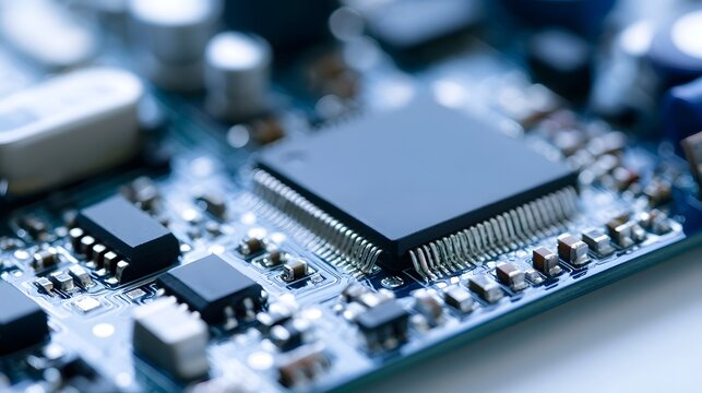 Close up of a microchip mounted on an electronic circuit board with surrounding components and metallic traces