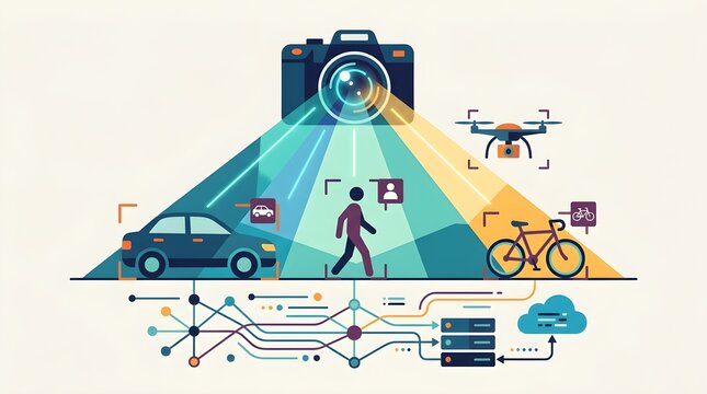 Artificial intelligence camera analyzing vehicles, pedestrians, bicycles, and drones using computer vision and connected data infrastructure for smart monitoring and object detection.
