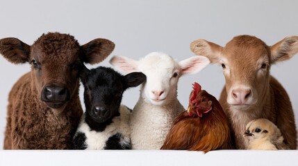 Fototapeta premium The Farmyard Friends: Brown Sheep, Black Lamb, White Lamb, Chicken and Chick