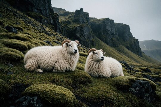 Two Icelandic sheep with thick wool rest on mossy mountain slope. Fluffy rams with curved horns sit among green hills, dark rocks. Domestic livestock graze in wild scenic nature under cloudy sky in