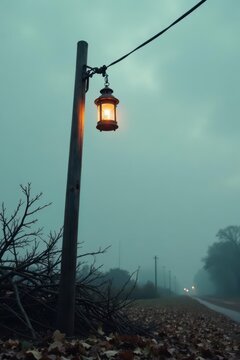 A solitary illuminated lantern hangs from a weathered wooden post beside a pile of autumnal branches, overlooking a misty road at dusk.