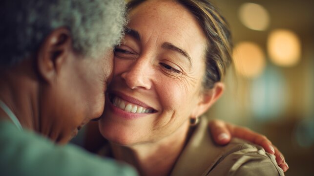 Realistic documentary-style healthcare portrait showing a compassionate caregiver smiling softly toward an elderly patient while gently supporting their shoulder, close-up focus on the human 