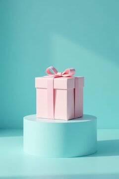 A pastel pink gift box with a delicate bow sits elegantly on a light teal pedestal, bathed in soft sunlight.