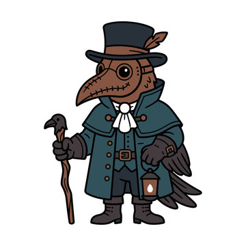 Cute plague doctor mascot character with bird mask and lantern isolated on white background