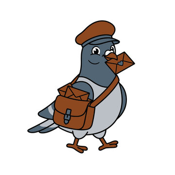 Cartoon pigeon postman mascot wearing a postal cap and carrying a mail bag with letters