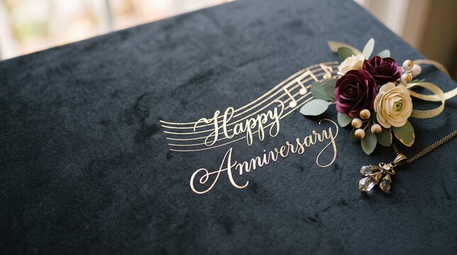 高級感のある「Happy Anniversary」文字とブーケの記念日背景