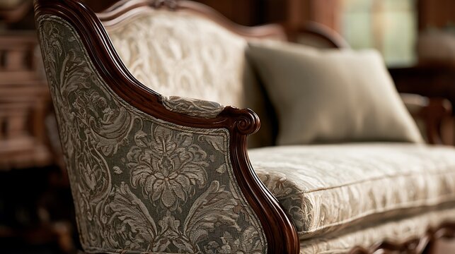 Elegant vintage victorian sofa with intricate floral damask upholstery.