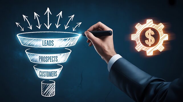 Businessman hand a marketing sales funnel on a dark blue wall with for leads, prospects, and customers with a glowing dollar gear