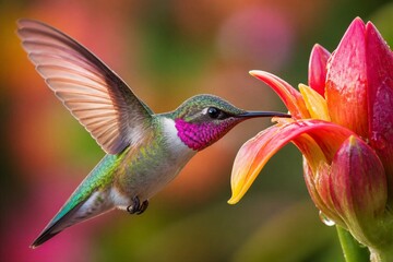 Obraz premium Hummingbird feeding from tropical flower in vibrant garden