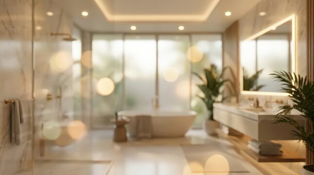 blurred view of a luxurious master bathroom featuring a freestanding tub, marble walls, warm bokeh lighting, double vanity with backlit mirror, and tropical plants.