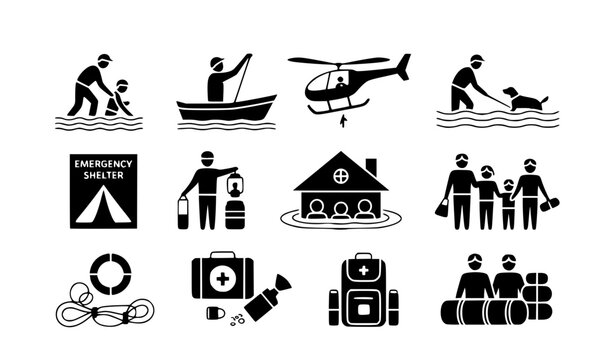 Natural disaster flood rescue operation and emergency survival kit icon set featuring outline silhouette of rescue boat, helicopter evacuation, family relocation, and medical first aid elements vector
